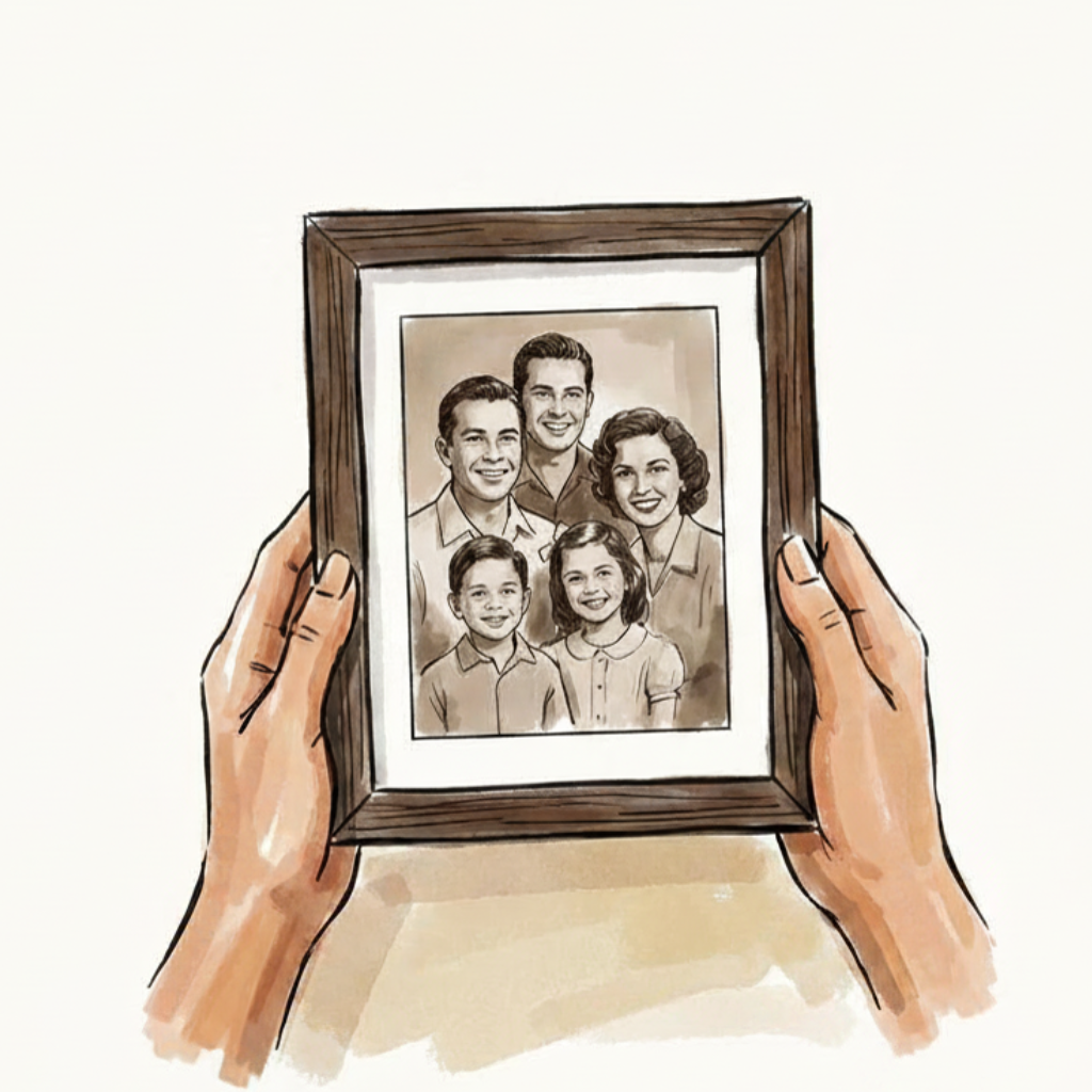 Hands holding a framed family portrait