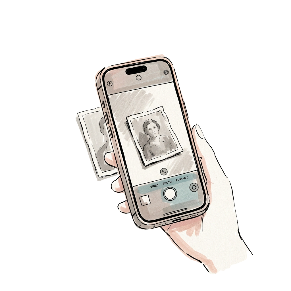 Hand holding a phone photographing an old portrait