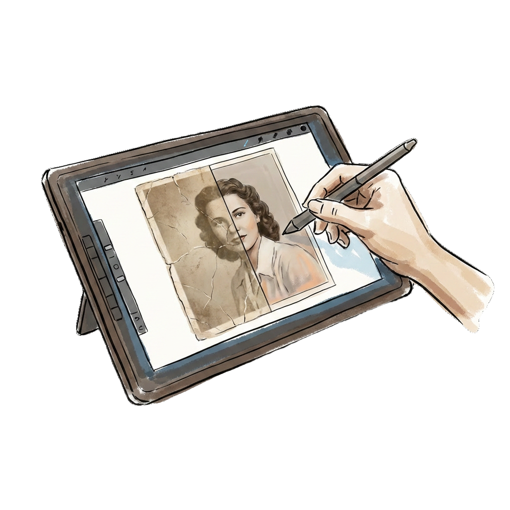 Editor restoring a photograph on a drawing tablet